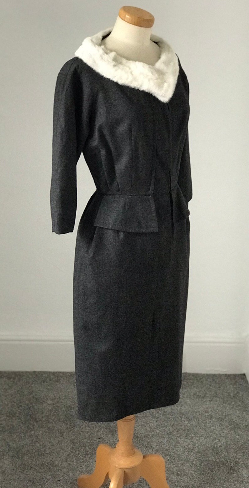Vintage 50s Hardy Amies Day Dress Wiggle Grey Fine Worsted English Wool Sensual Couture 1950s Goodwood Unworn