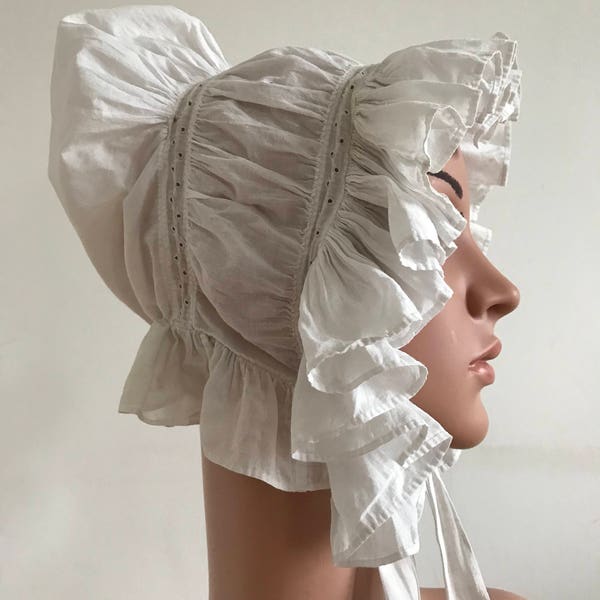 Stunning Antique Bonnet 1700s Regency Hat Lace Flemish Embroidery Flounced Yorkshire Metis Linen