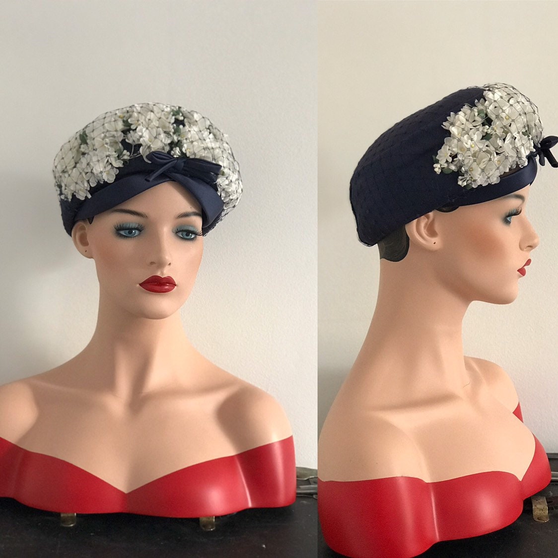 Vintage 50s Raw Silk Hat White Blossom Net Veil Mayfair 1950s Bombshell