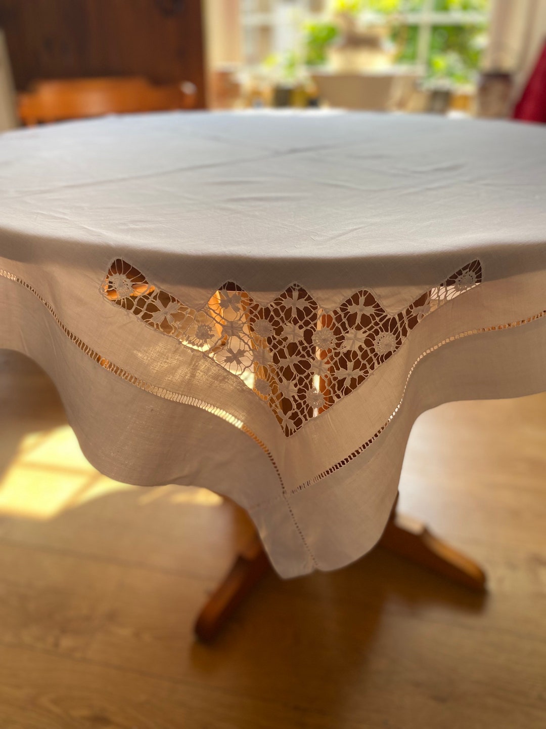 REDUCED Antique White Linen Tablecloth Topper Victorian Hand Etsy