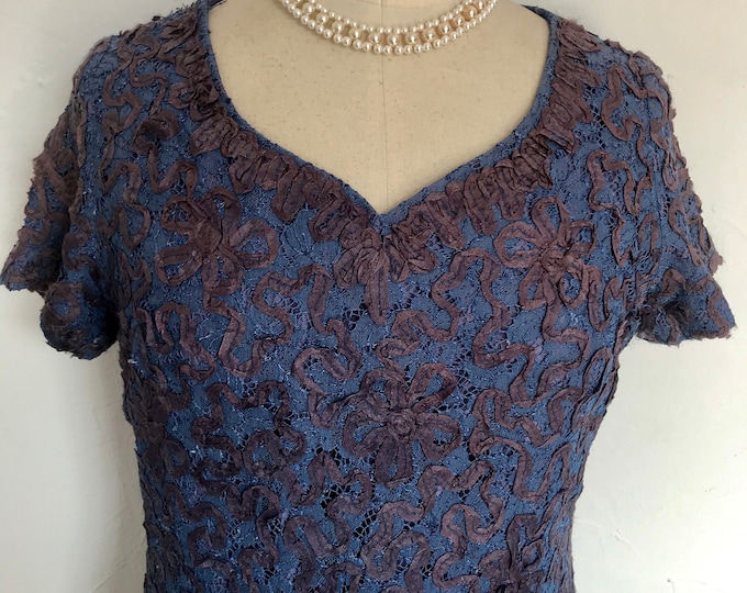 Vintage 1950s Dress by Binnie Ribbon Tape Over Chantilly Lace 50s Cocktail Sheath Slip
