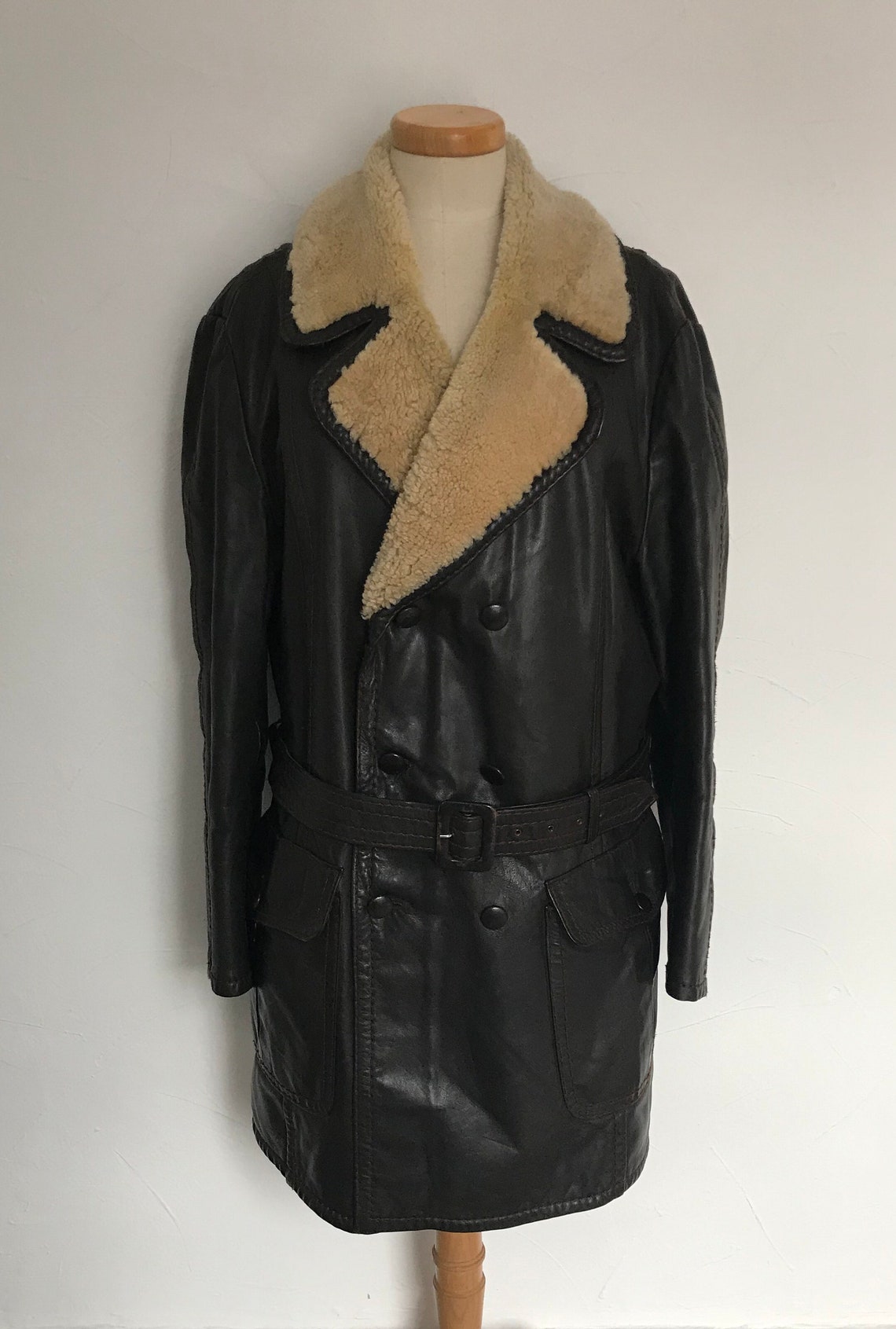 Vintage Coat Winter Overcoat Leather & Shearling Peacoat | Etsy