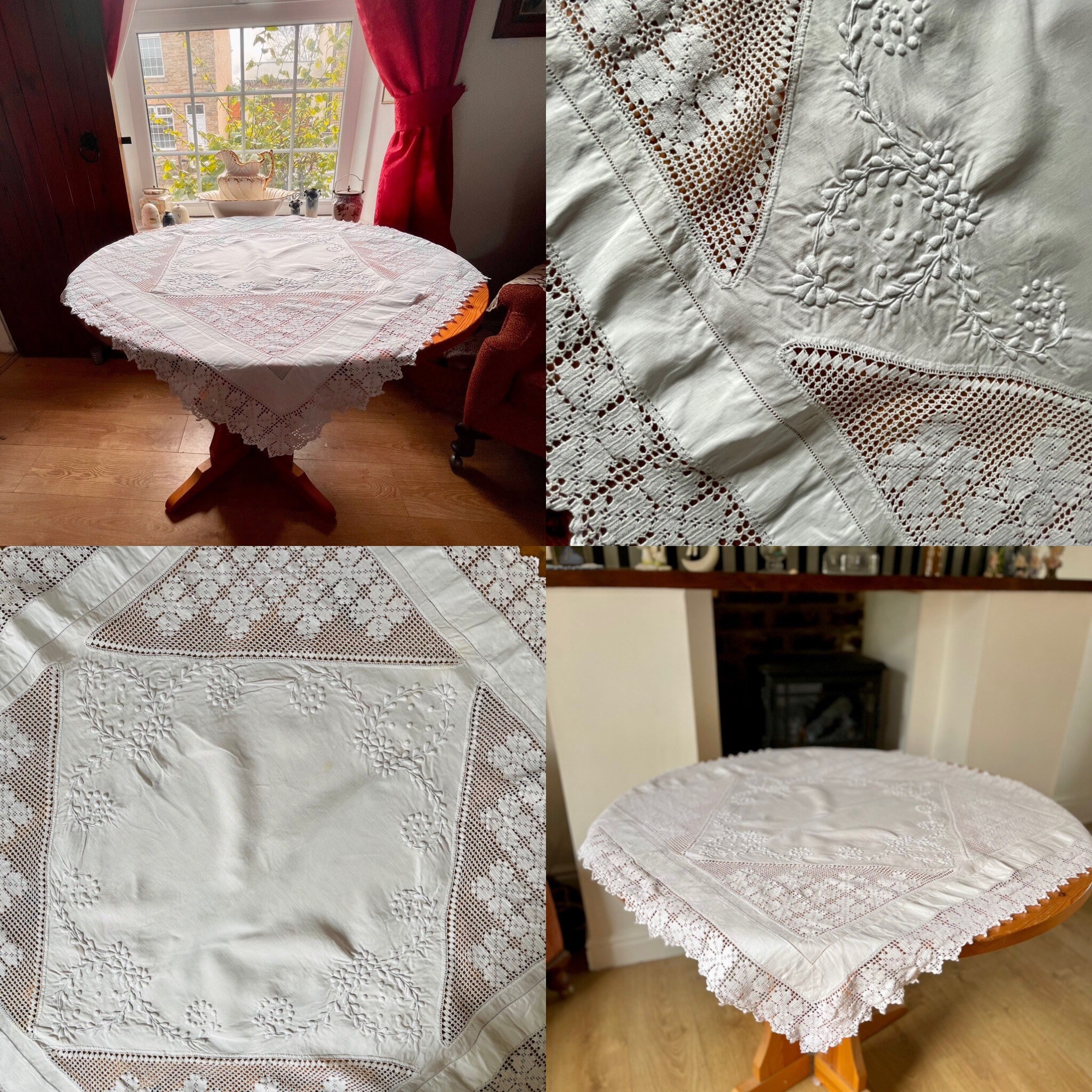 Vintage White French Linen Tablecloth Topper Pointed Lace Drawn ladder work Beautiful Cream Tea