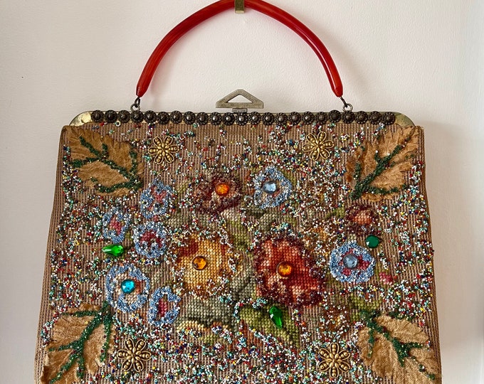 Vintage 50s Handbag Appliqué Glass Beads Embroidery Lucite Handle