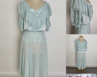 Vintage 80s Suit Batwing Top Exquisite & Floaty Skirt Powder Blue By Bellino