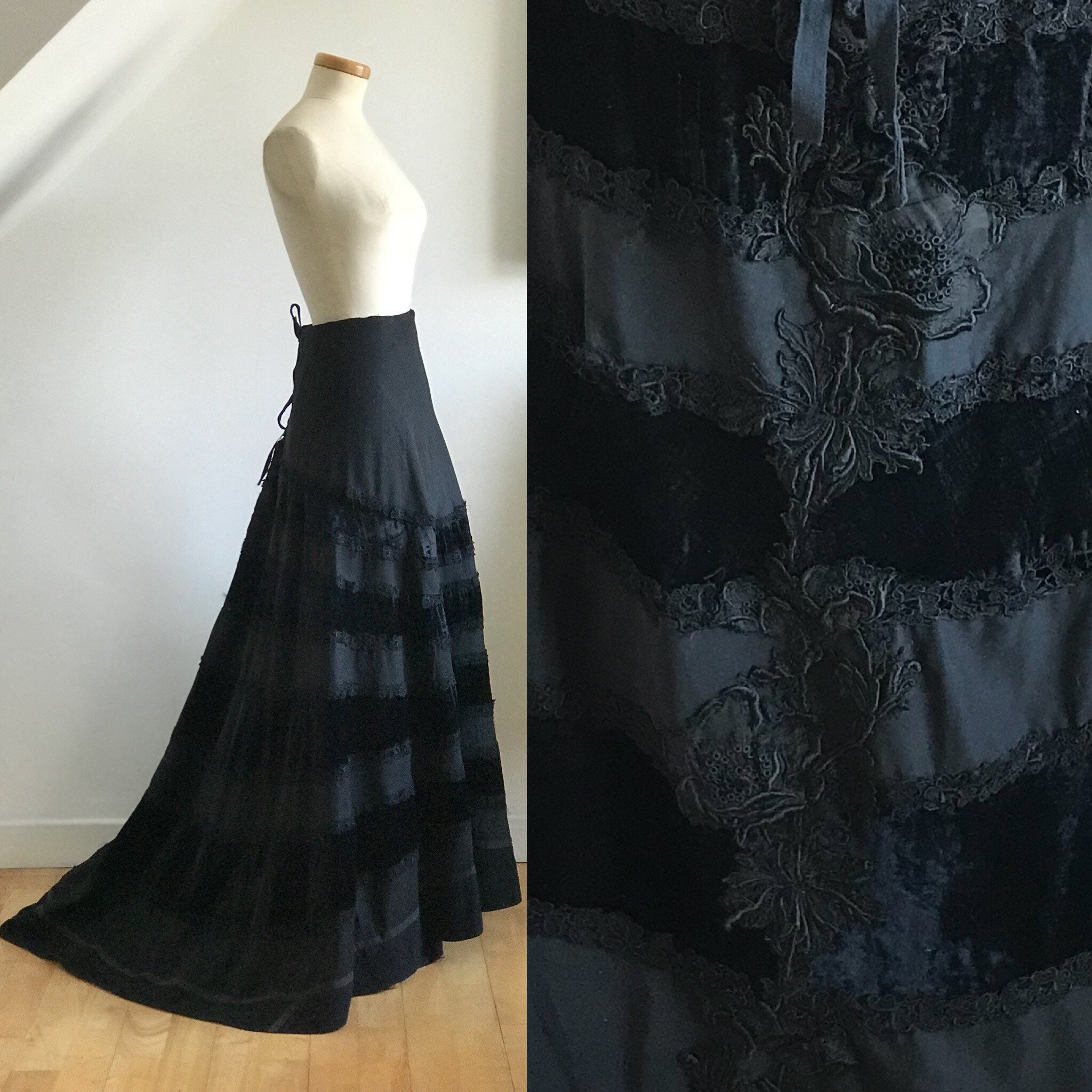 Victorian Bustle Skirt Black Mourning Gown Fishtail Laces Velvet Satin Lace