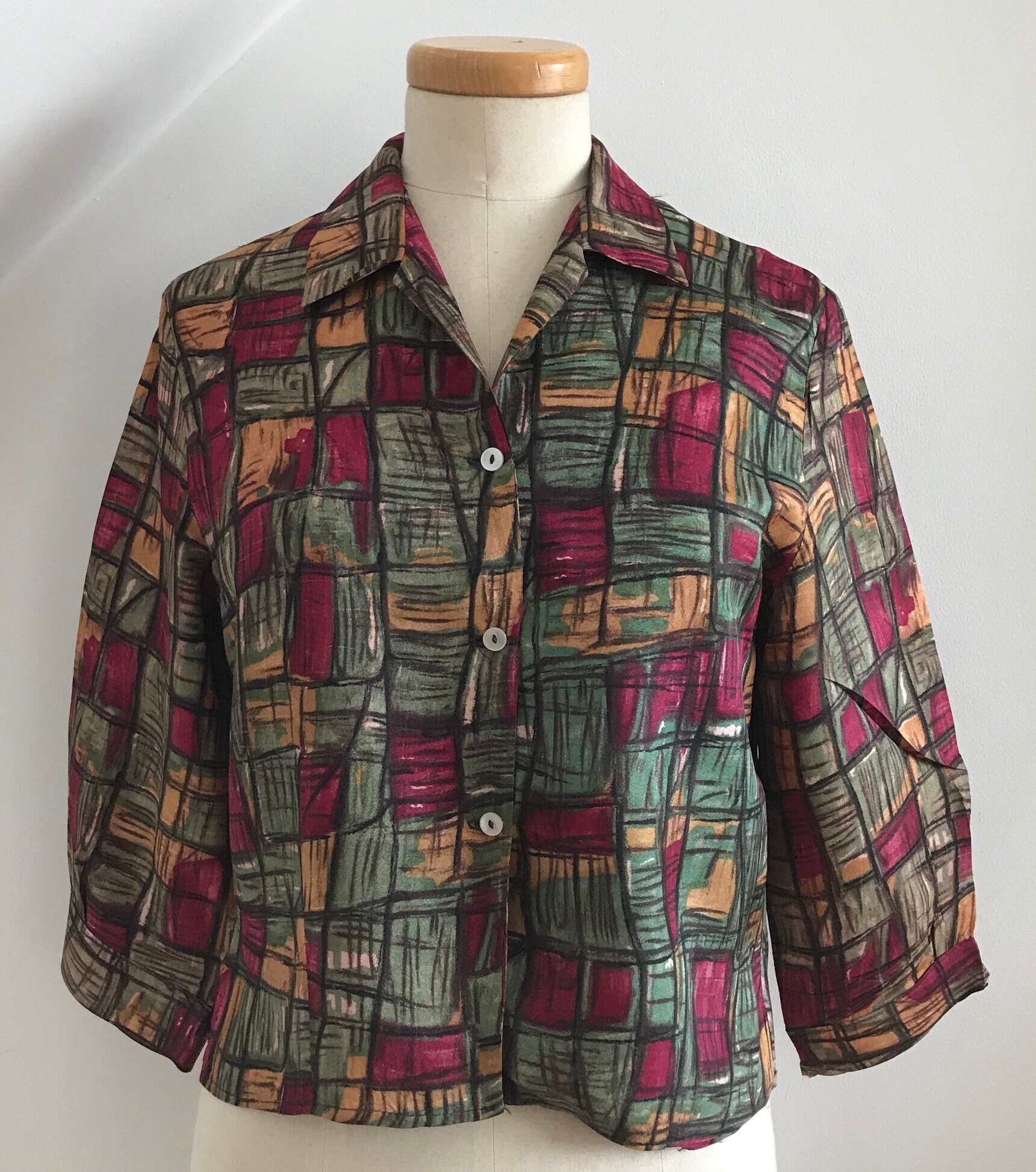 Fab Vintage 1950s Shirt Blouse Stunning Vivid Print Crop Top 50s Bombshell
