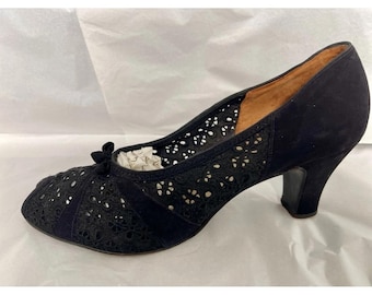 Zapatos de salón de piel negra con puntera abierta, estilo años 40 (talla 5.5 del Reino Unido)