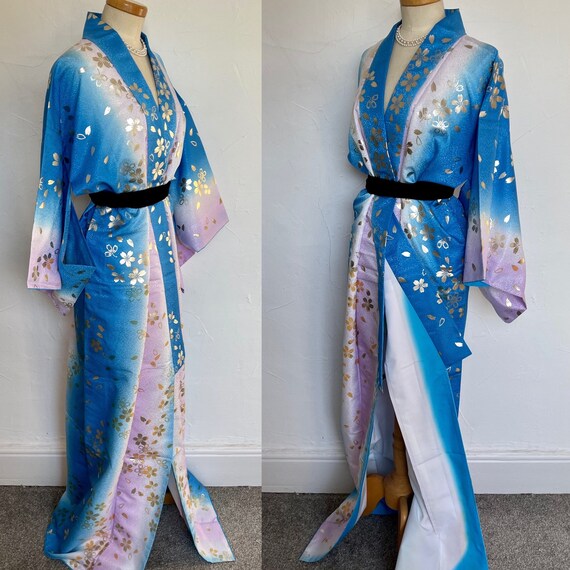 Vintage Robe Kimono Blue Rayon Silk Lingerie Gold