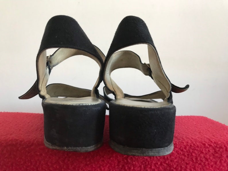 Vintage 1950s Wedge Heeled Sandals Black Suede Strappy 50s Italian Bombshell