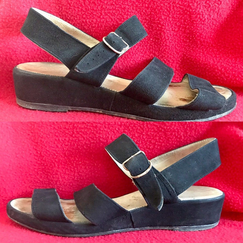 Vintage 1950s Wedge Heeled Sandals Black Suede Strappy 50s Italian Bombshell
