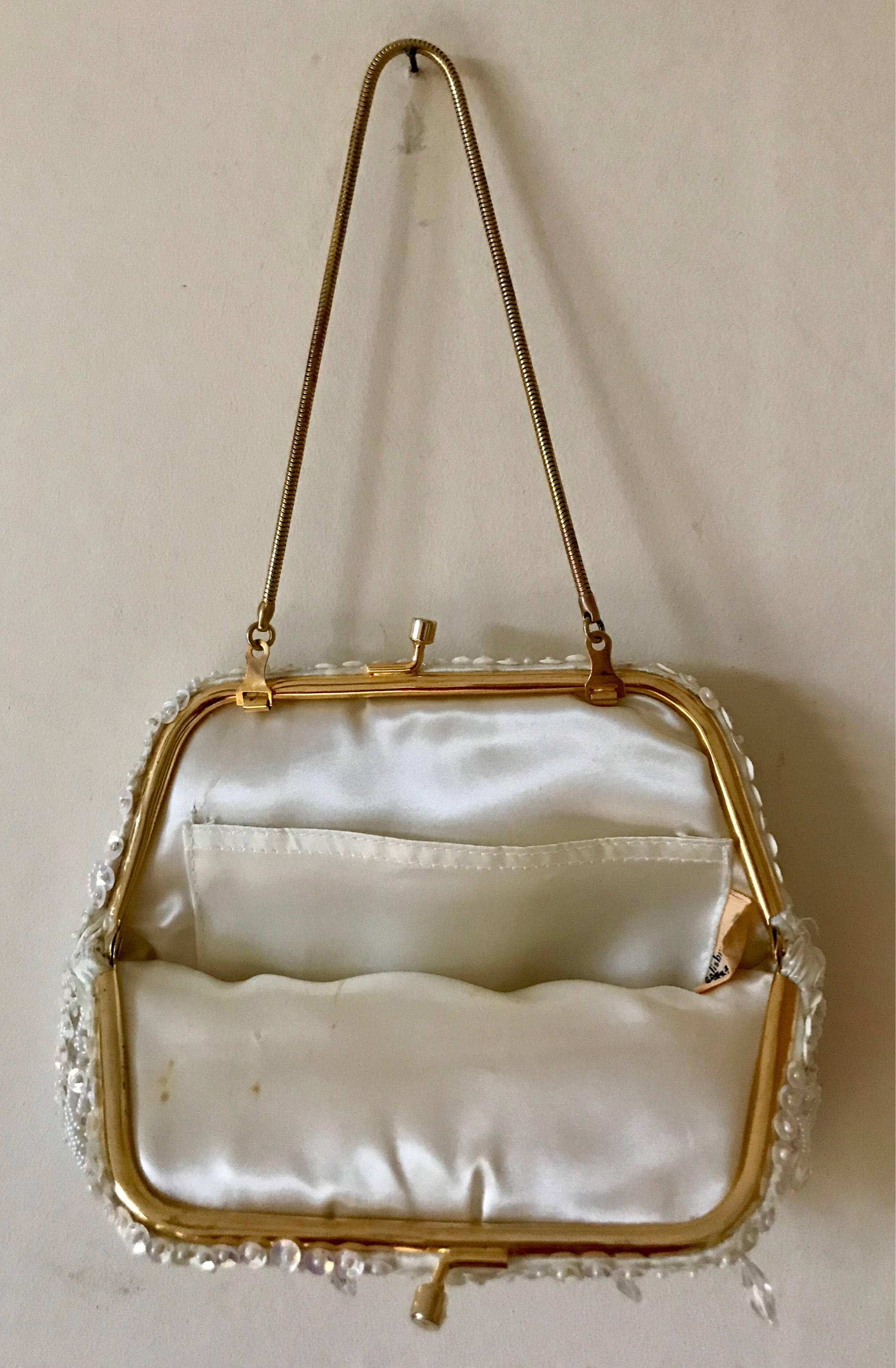 1950s Clutch Handbag Cream White Hand-Beaded Evening Bag by