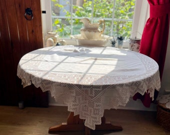 Divine White French Linen Tablecloth Topper Sunday Best Cross Pointed Lace