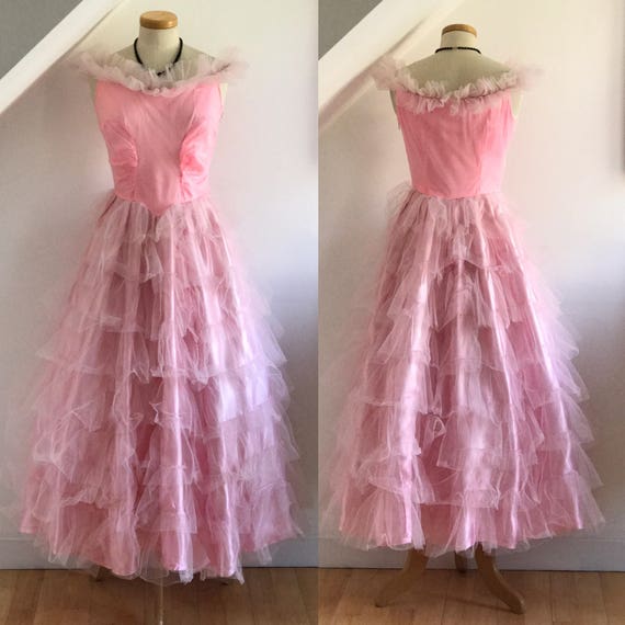 Vintage 40s Evening Cocktail Dress Pink Silk White