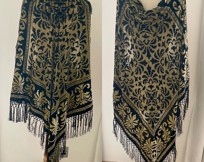 Vintages Art Deco Wrap Stole Black & Gold Silk Devore Velvet Macramé Tassels Exquisite Pristine Unworn