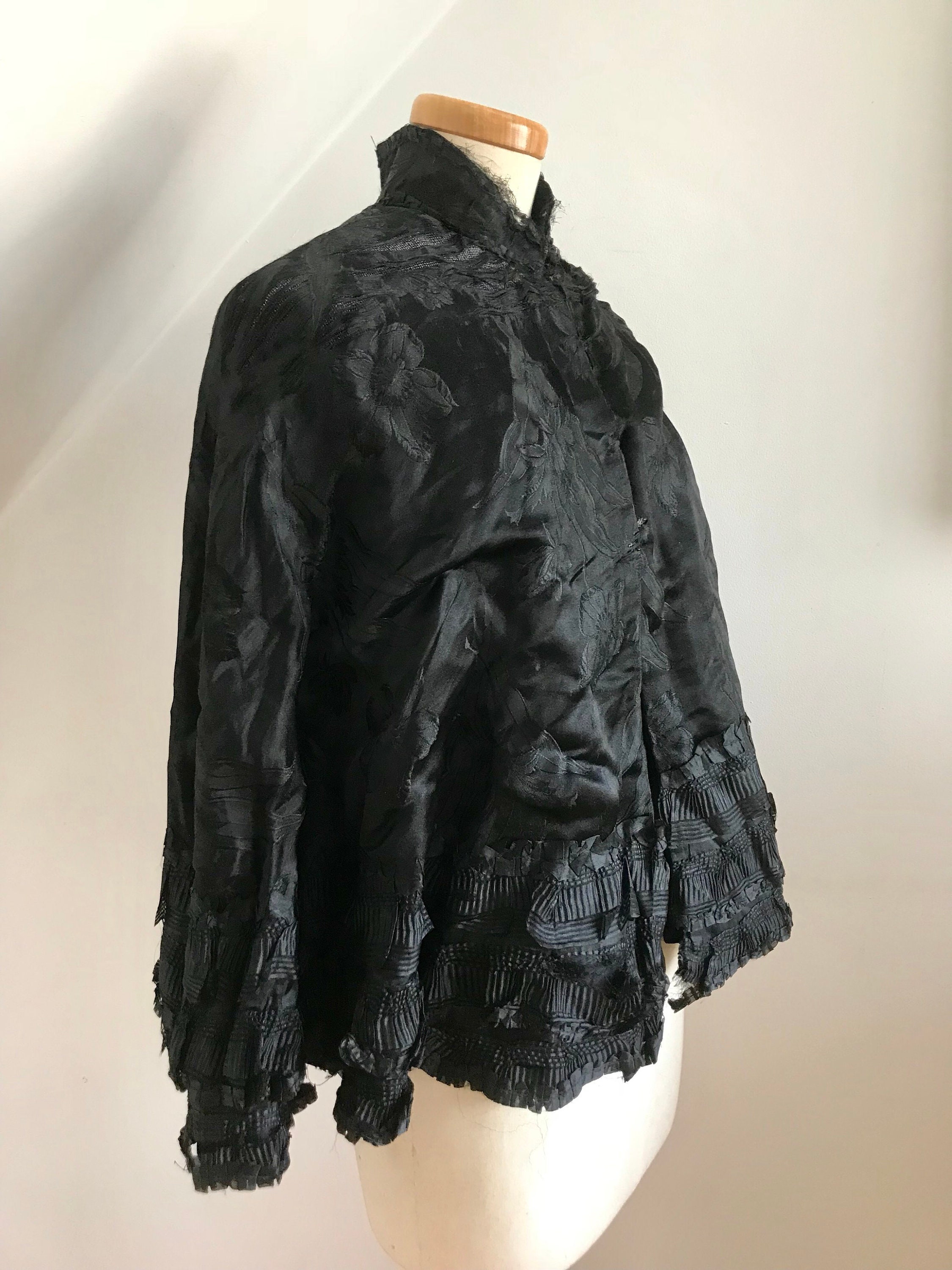 REDUCED Victorian Mourning Cape Black Silk French Lace Bustle Fishtail ...