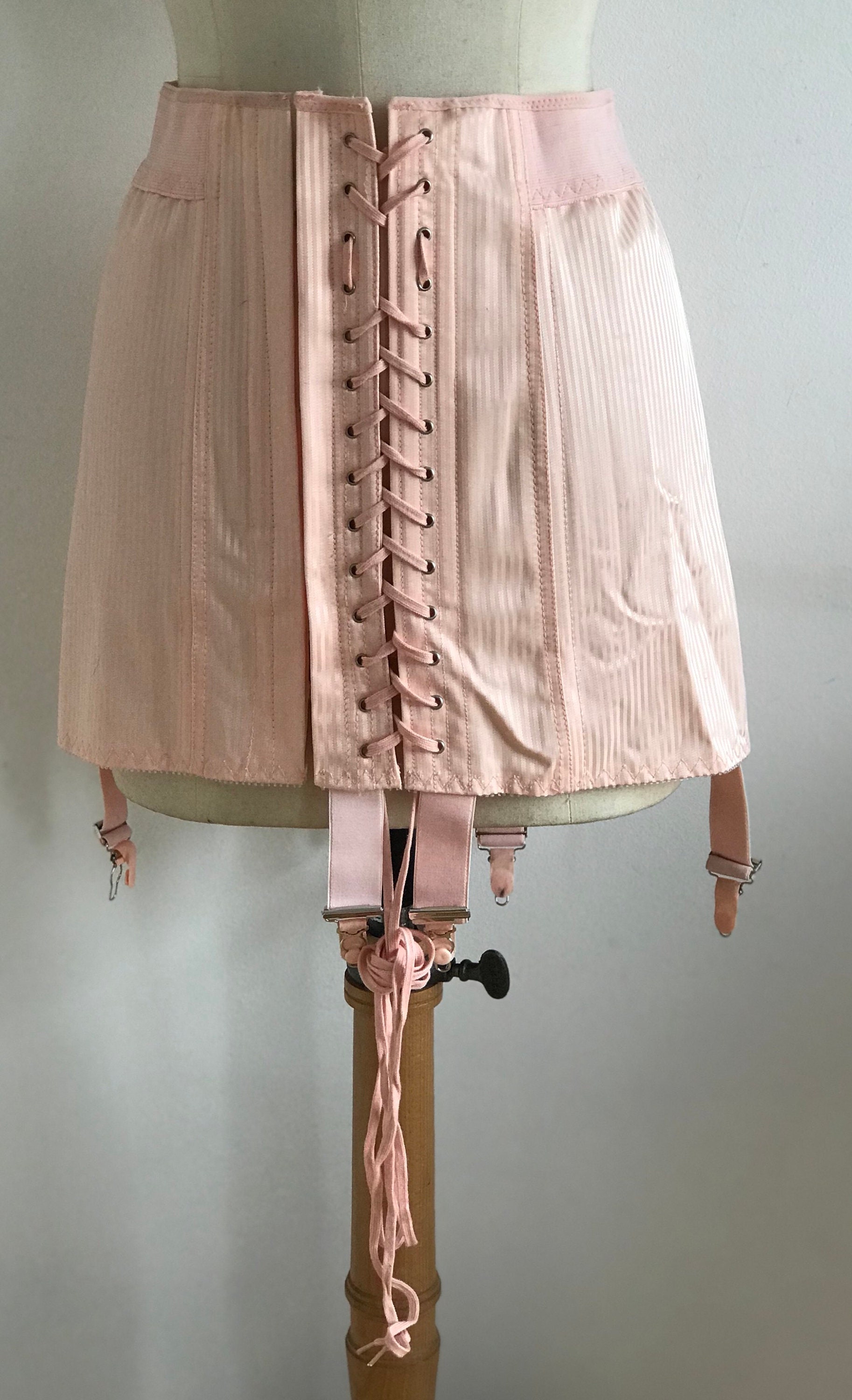 Vintage Corset Girdle 6 Suspenders Boned Laced Peach and Pink Stripe