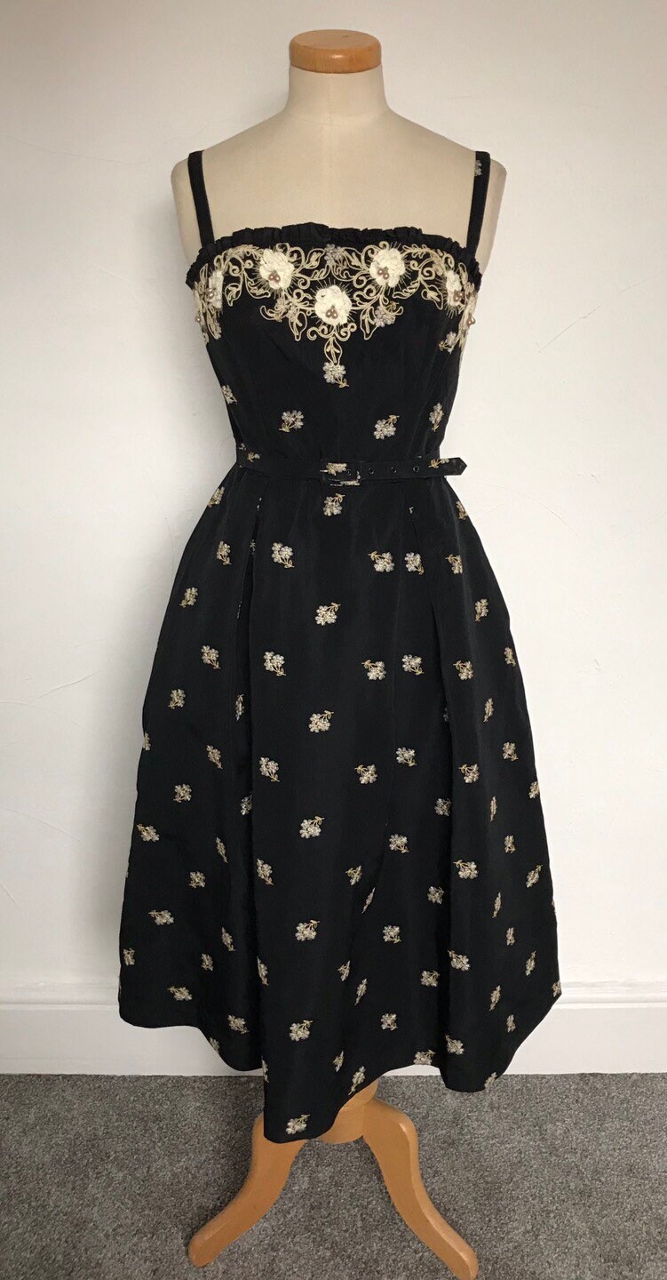 1950s Black Fireworks Floral Dress + Bolero by Kay Windsor | S/M