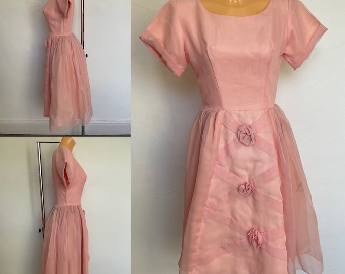 1950s Dress Pink Cocktail Italian Summer Stiffend Tulle Silk Roses