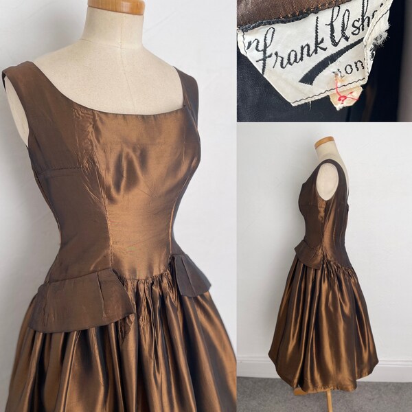 Vintage 1940s Cocktail Dress Bronze Raw Silk Early Frank Usher