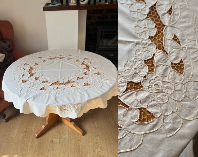 Linen Tablecloth Topper Hand Made Tape Lace High Tea Unique Beautiful 1900 Dowry