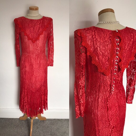 Vintage Pristine 1930s Scarlet Silk Lace Dress Stu