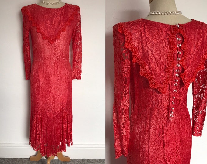 Vintage Pristine 1930s Gown Scarlet Silk Lace Red Dress Stunningly Fitted Sensual 30s Art Deco