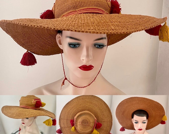 Vintage 1930s Straw Picture Hat High Crown Huge Brim 30s Hollywood