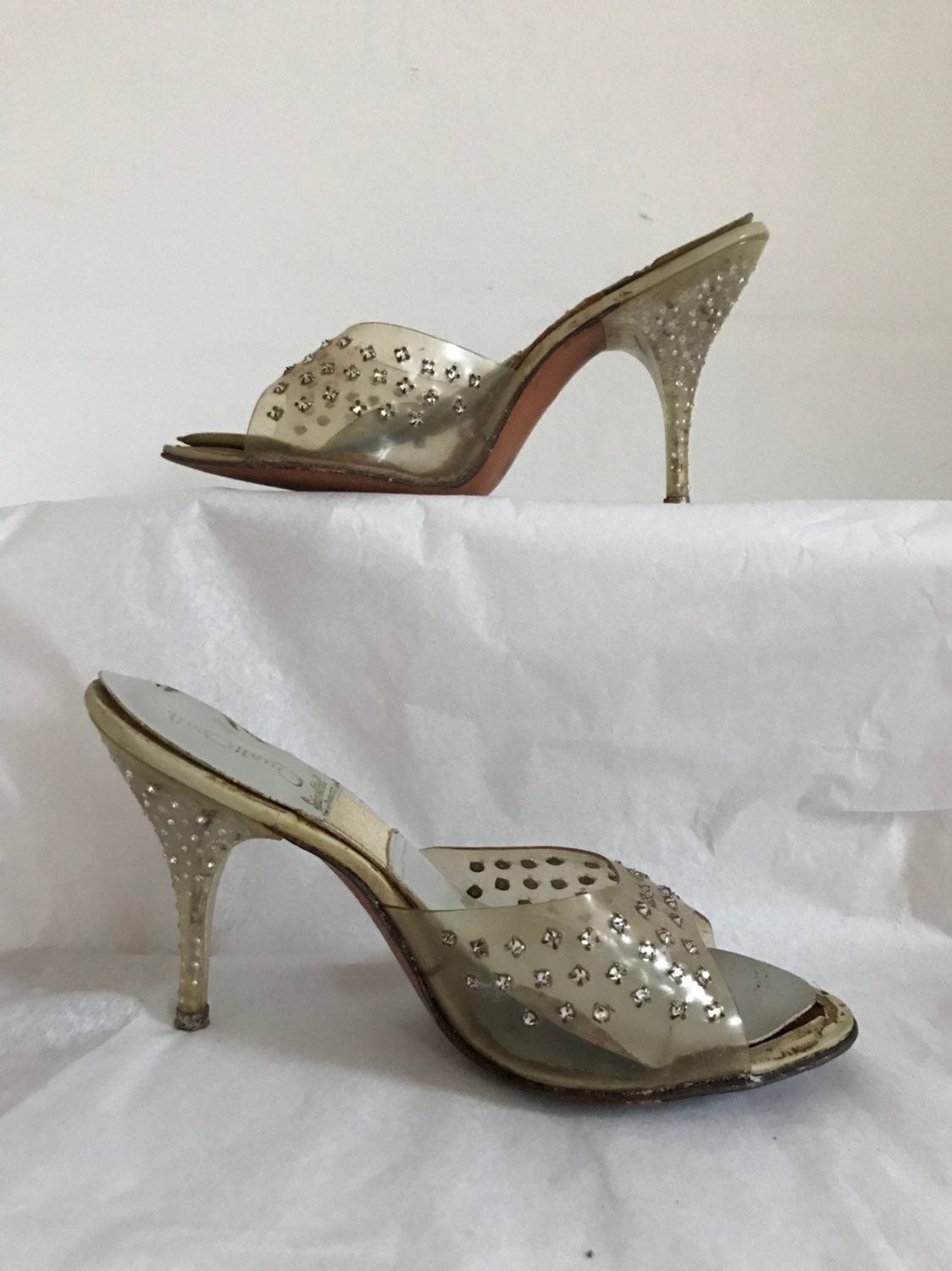 Vintage 1950s Spring-O-Lator Shoes High Stiletto Nude Mules Diamanté ...
