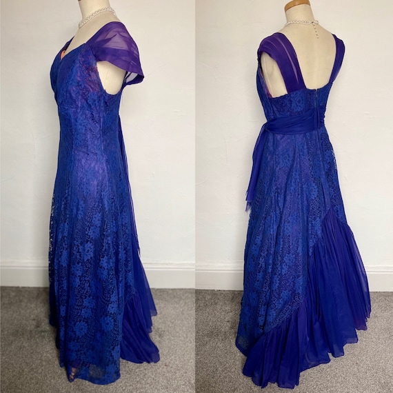 Vintage 40s Evening Gown Cocktail Dress Blue Silk