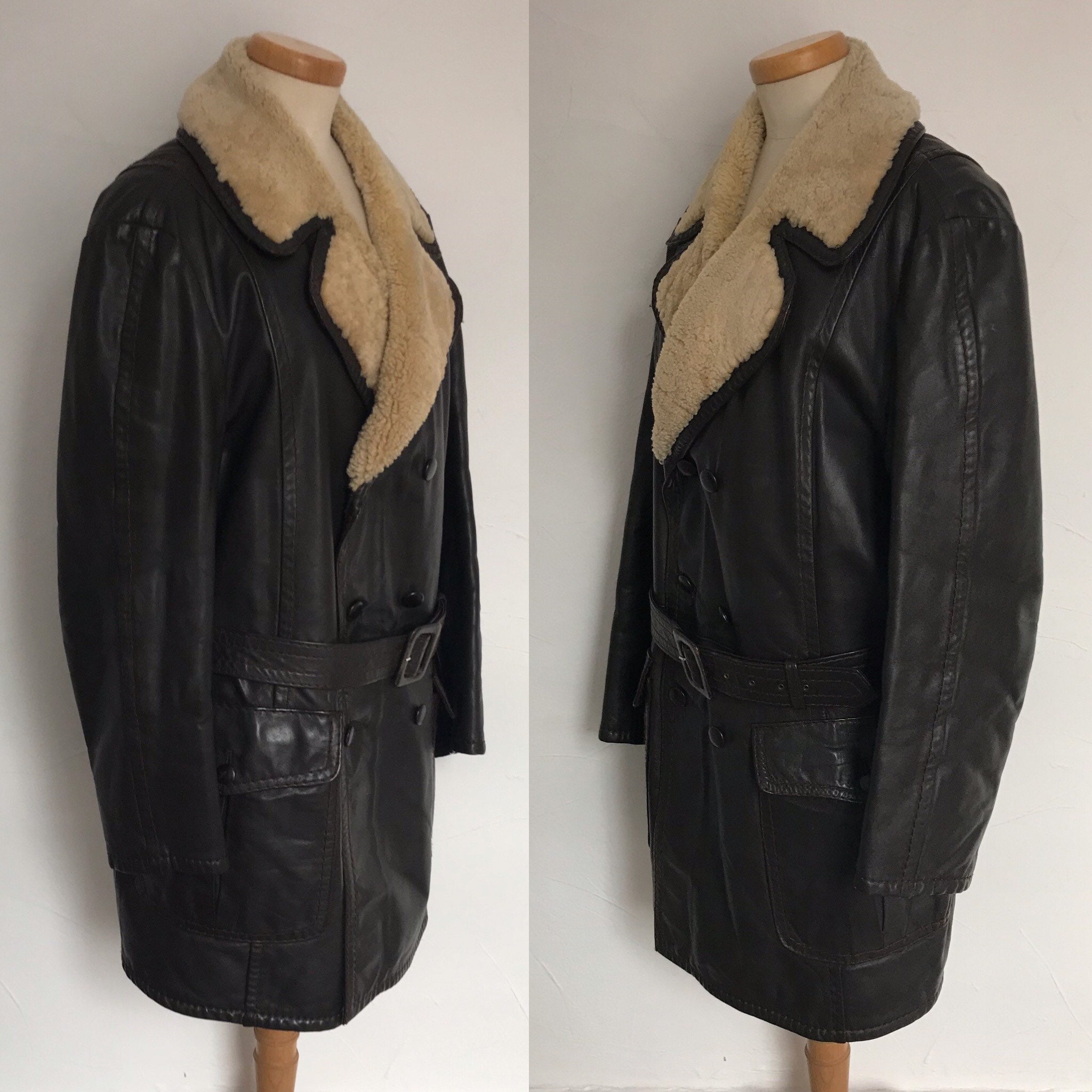 Image of Vintage Coat Winter Overcoat Leather & Shearling Peacoat Friitala Finland Mans Belted Jacket Xxl