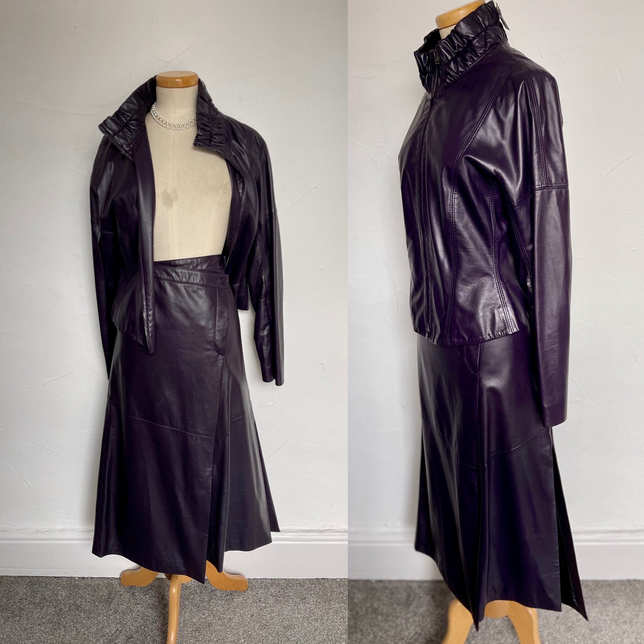 Image of Vintage Suit Napa Leather Peplum Ruffle Jacket Wrap Asymmetric Skirt Exquisite Marc Cain