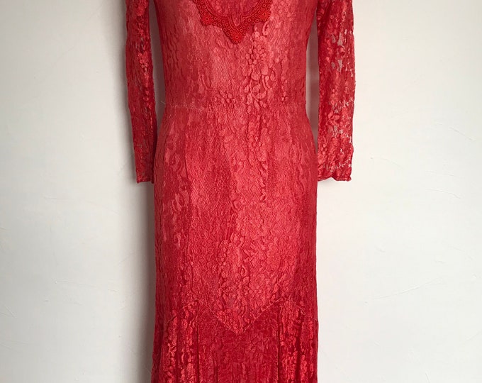 Vintage Pristine 1930s Gown Scarlet Silk Lace Red Dress Stunningly Fitted Sensual 30s Art Deco