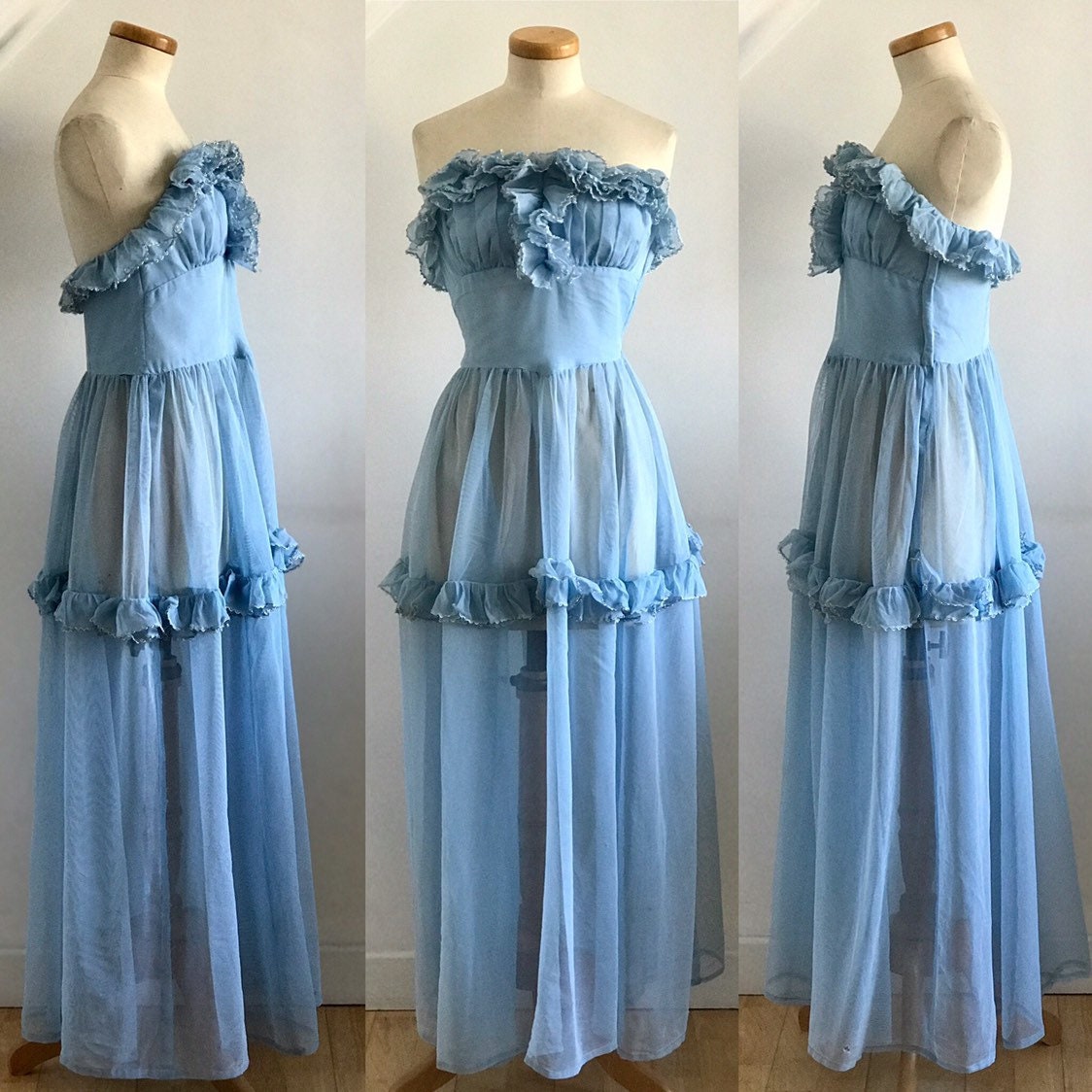 Vintage 1950s Peignoir Negligee, Boudoir Hostess Gown Gossamer Blue ...