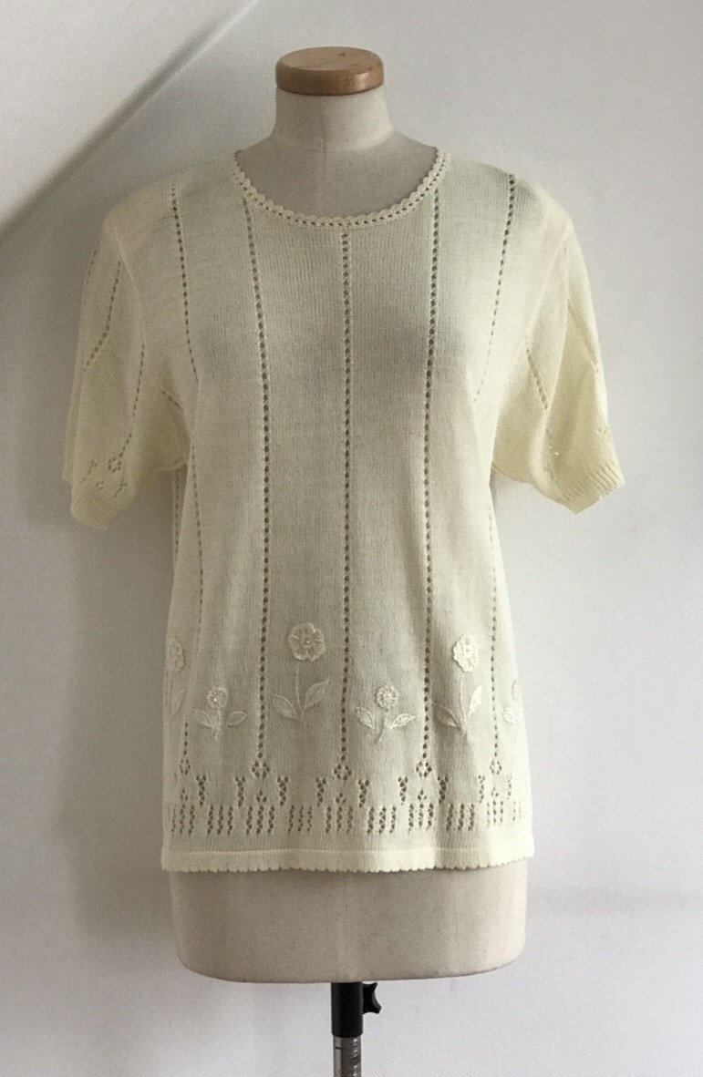 Vintage 1980s Twin Set Linen Knit Cardigan Jumper Beaded Embroidery