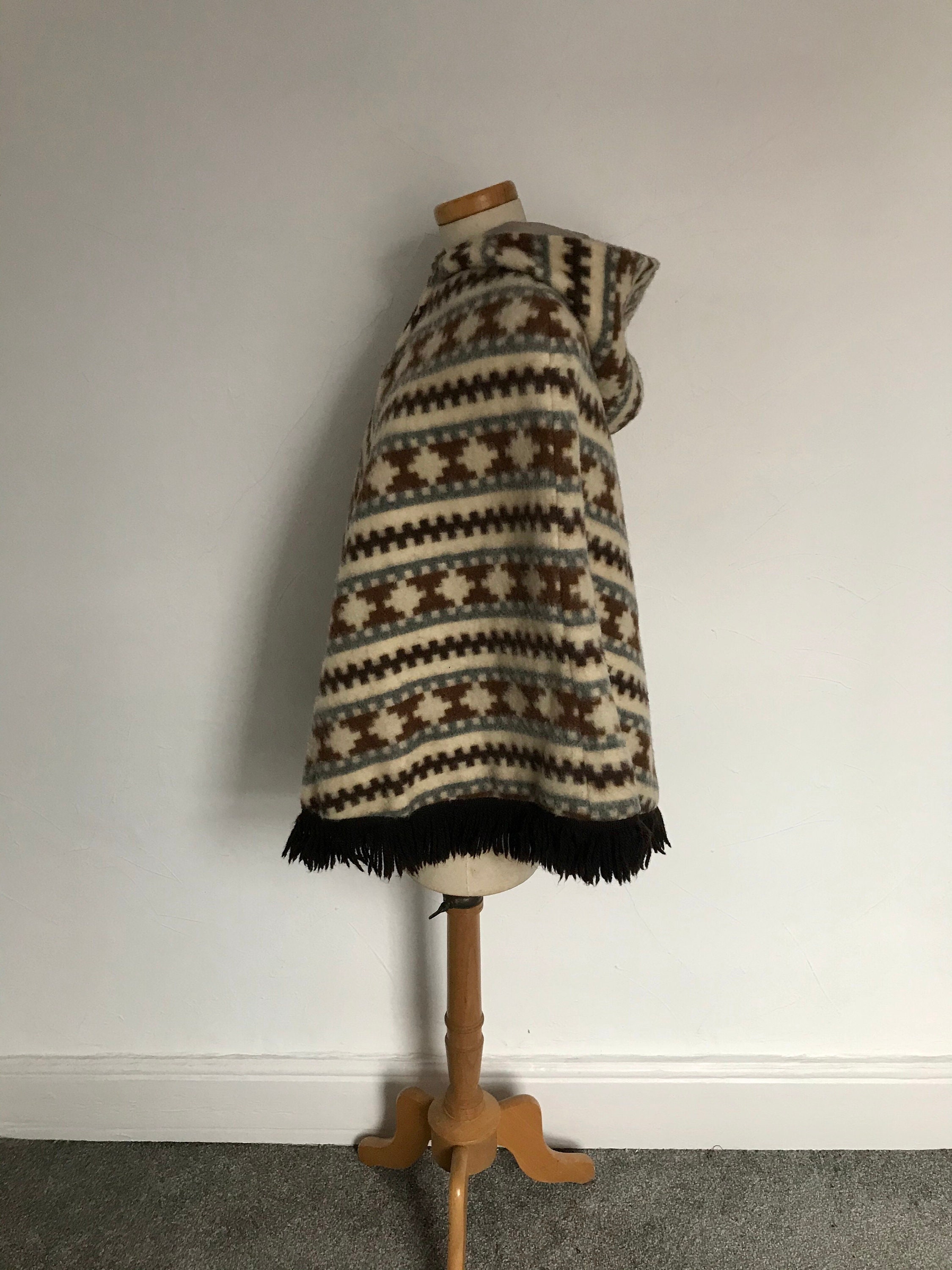 Vintage 1960s Nord Weave Poncho Cloak Cape 60s Norwegian Wool Winter Hooded Top