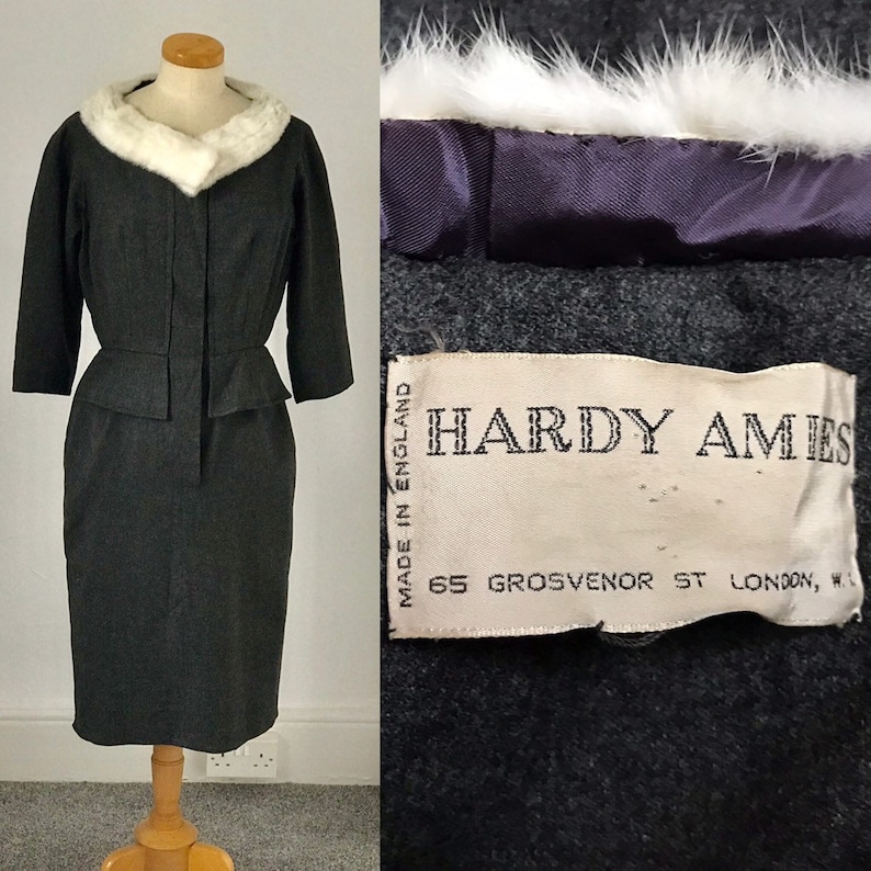 Vintage 50s Hardy Amies Day Dress Wiggle Grey Fine Worsted English Wool Sensual Couture 1950s Goodwood Unworn
