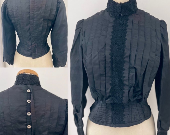Victorian Silk Blouse Bodice Blouson Black Lace Mourning Wear Neck Corset Pristine