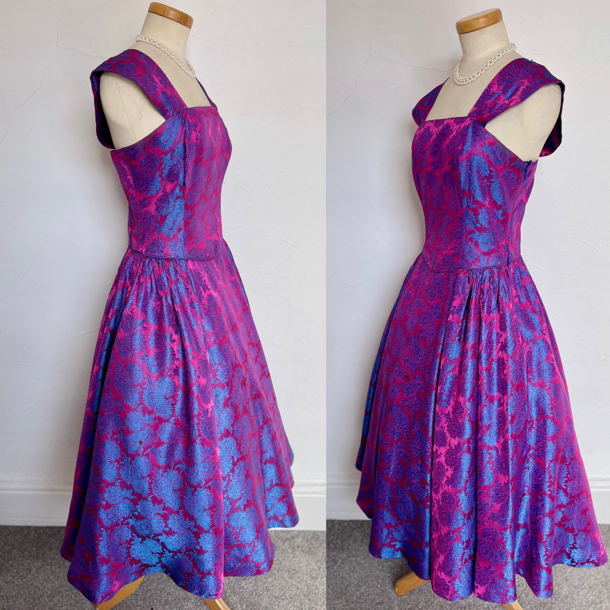 1950s Tea Dress 50s Silk Scarlet & Blue Brocade Circle Skirt Boned Unworn