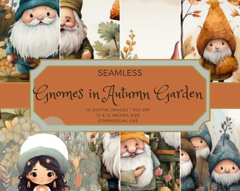 Autumn Digital Designs, Gnomes in Autumn Garden, Scrapbook Paper, Digital Download, Junk Journal, Printable Paper, Seamless Pattern