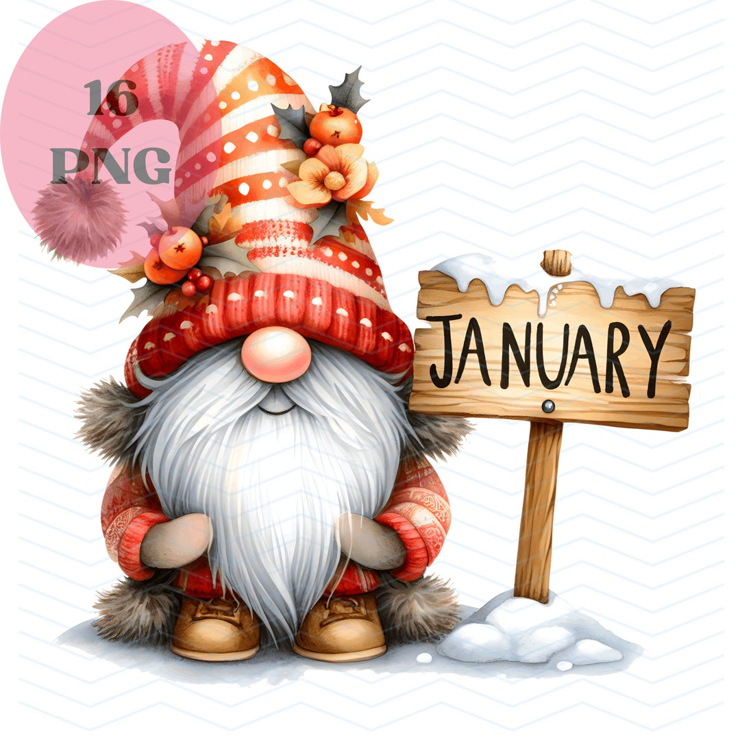 Monthly Gnomes Clipart Bundle, January PNG, January Gnome PNG, Gnomes