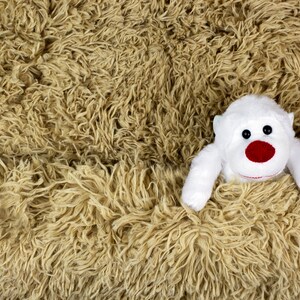 Könnte beinhalten: Ein weißes Stofftier mit roter Nase und schwarzen Augen blickt aus einem zotteligen, hellbraunen Teppich hervor. Das Spielzeug hat kleine Ohren und einen lächelnden Mund. Der Teppich hat ein dickes, strukturiertes Aussehen.