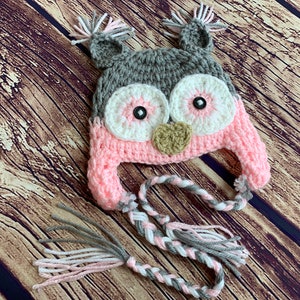 Gehaakte uil hoed, baby roze grijze uil muts meisjes uil roze grijze uil hoed pasgeboren uil hoed baby uil hoed