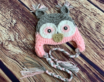 Crochet Owl Hat, Baby Pink Gray Owl Beanie Girls Owl Pink Gray Owl Hat Newborn Owl Hat Baby Owl Hat