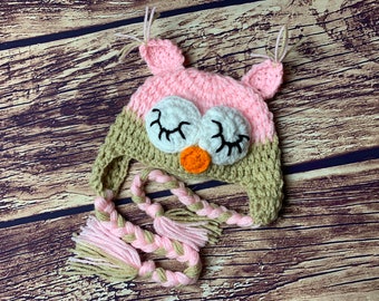 Gehäkelte Eule Mütze 4, Baby Rosa Beige Eule Beanie Mädchen Eule Rosa Beige Eule Mütze Neugeborene Eule Mütze Baby Eule Mütze