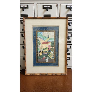 Original Mughal Persian Silk Painting Vintage Framed Wall Art Bamboo Wood Frame