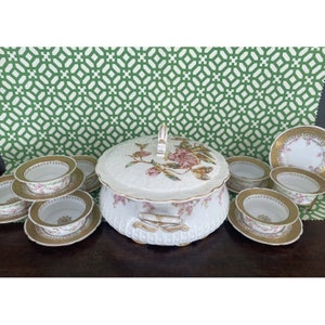Vintage Dessert Serving  Limoges CHAS FIELD Haviland Pink Floral Gold 17 Pieces