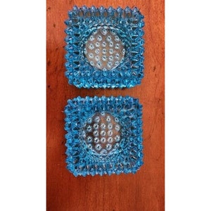 Pair Vintage Fenton Square Blue Hobnail Glass Votive Tea Light Candle Holder