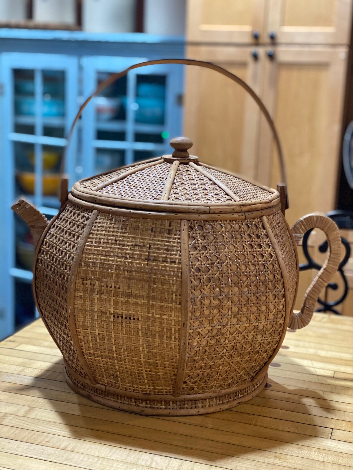 Vintage Bamboo Woven Rattan Tea Pot Lidded Basket Unique Asian Etsy