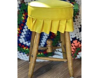 Vintage Round Stool Seat Kitschy Yellow Wooden Vinyl Skirted Retro Solid!